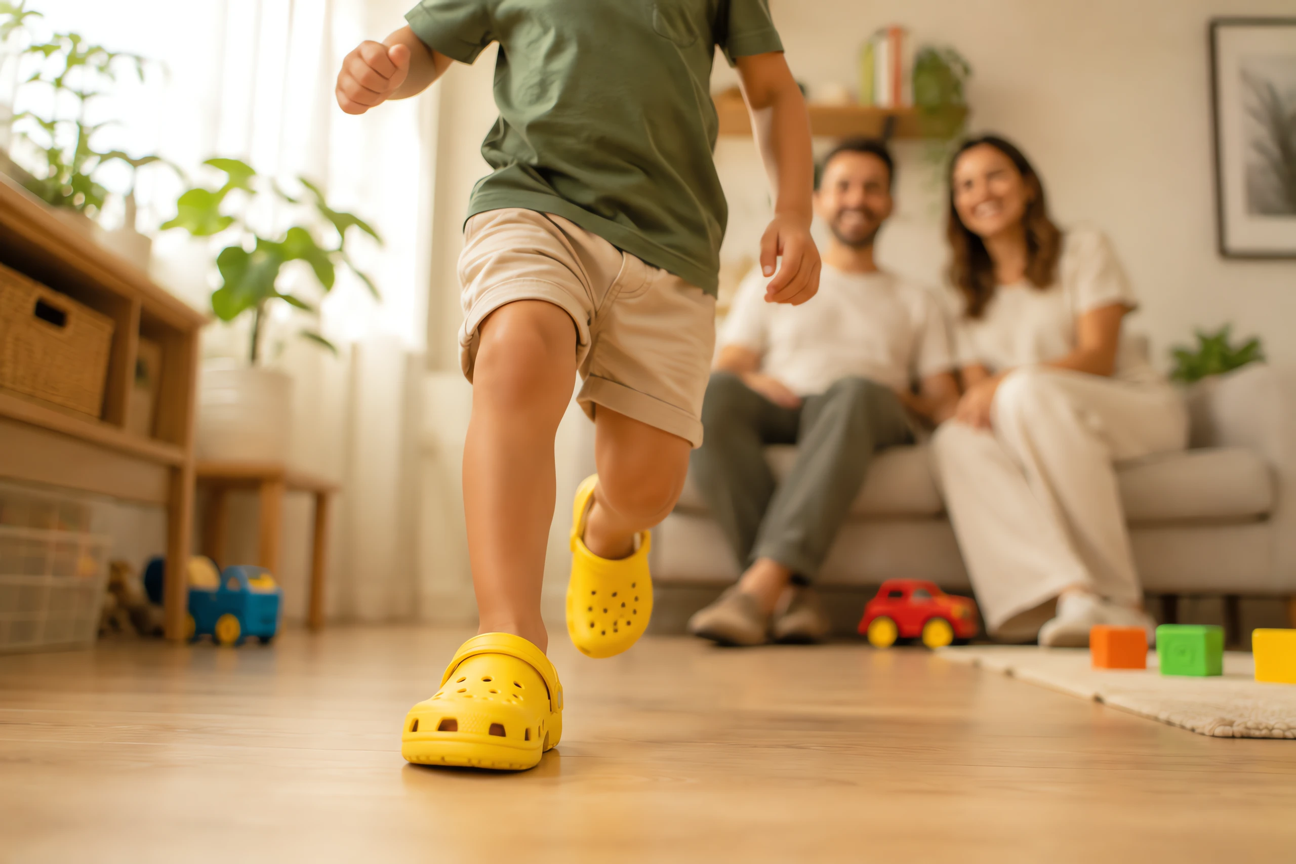 Criança correndo pela sala de babuche, com os pais sorrindo no sofá ao fundo